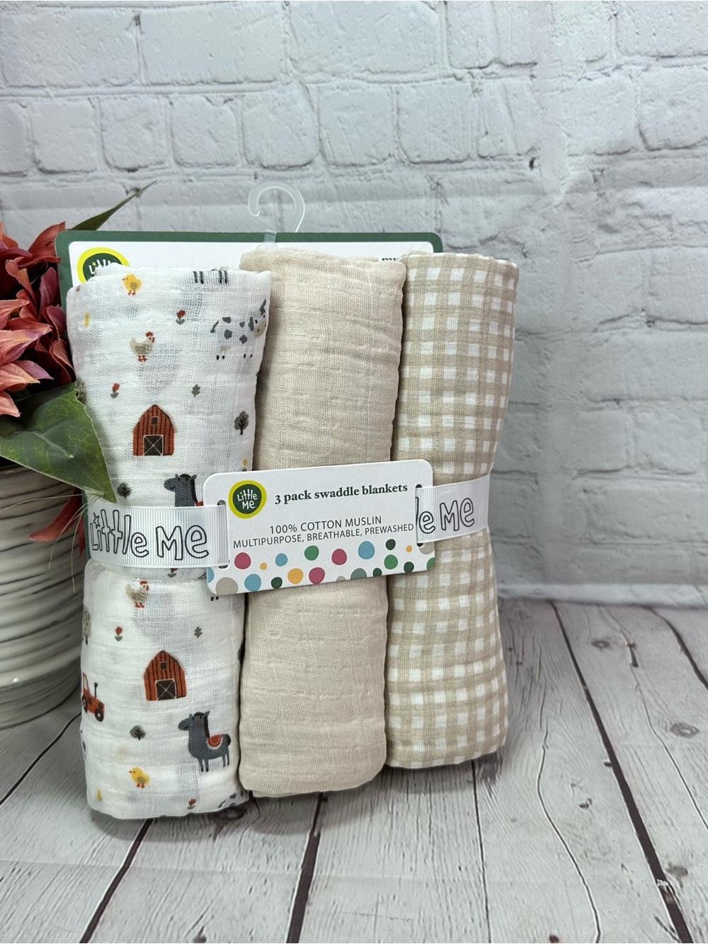 NWT Little Me Cotton Muslin 3pk Swaddle Blankets neutral unisex farm barn animal